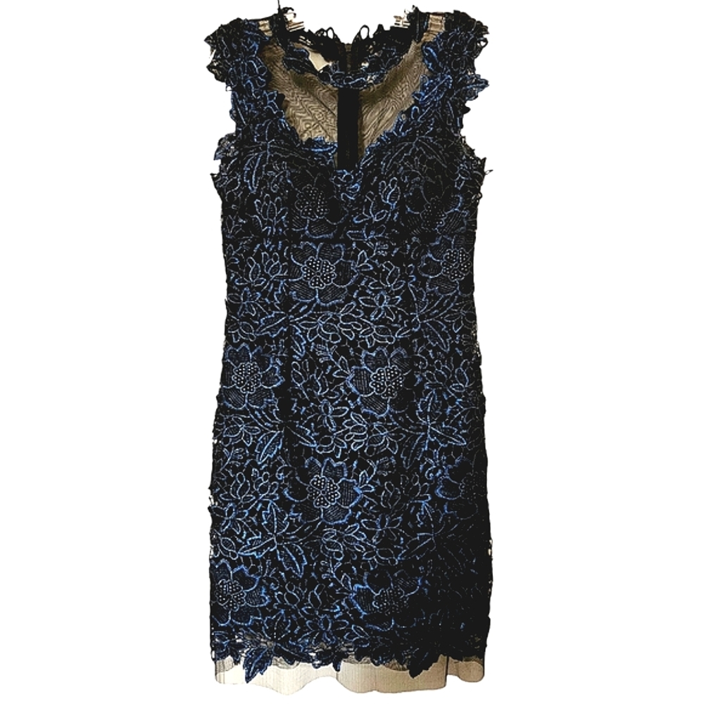 Cache Black w/Blue Floral Lace Vtg Sleeveless Illusion Neck Cocktail Dress